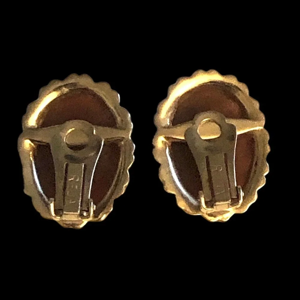 Reja Glass Domed Carnelian Cabochon Gold Plated Signed Clip On Earrings